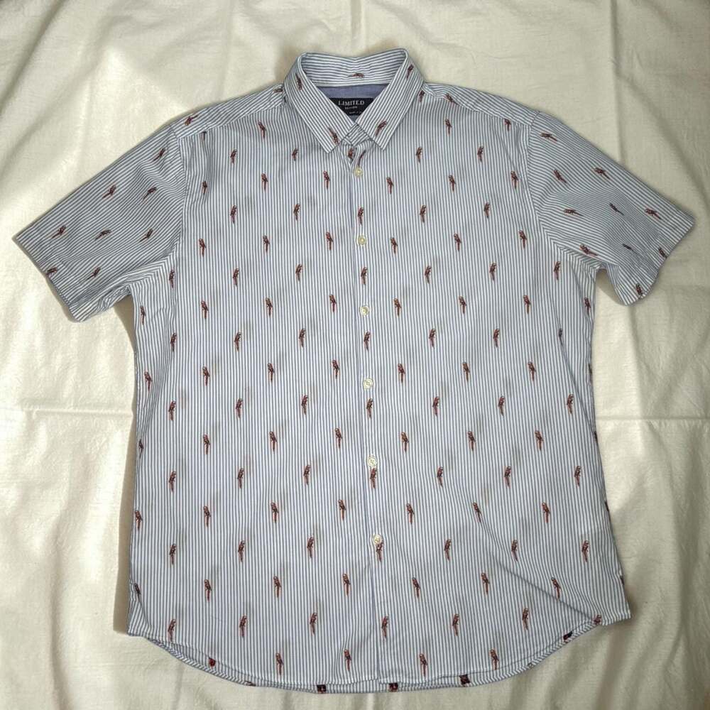 Limited Edition Men's Blue Striped Parrot Print Short Sleeve Button Down Shirt